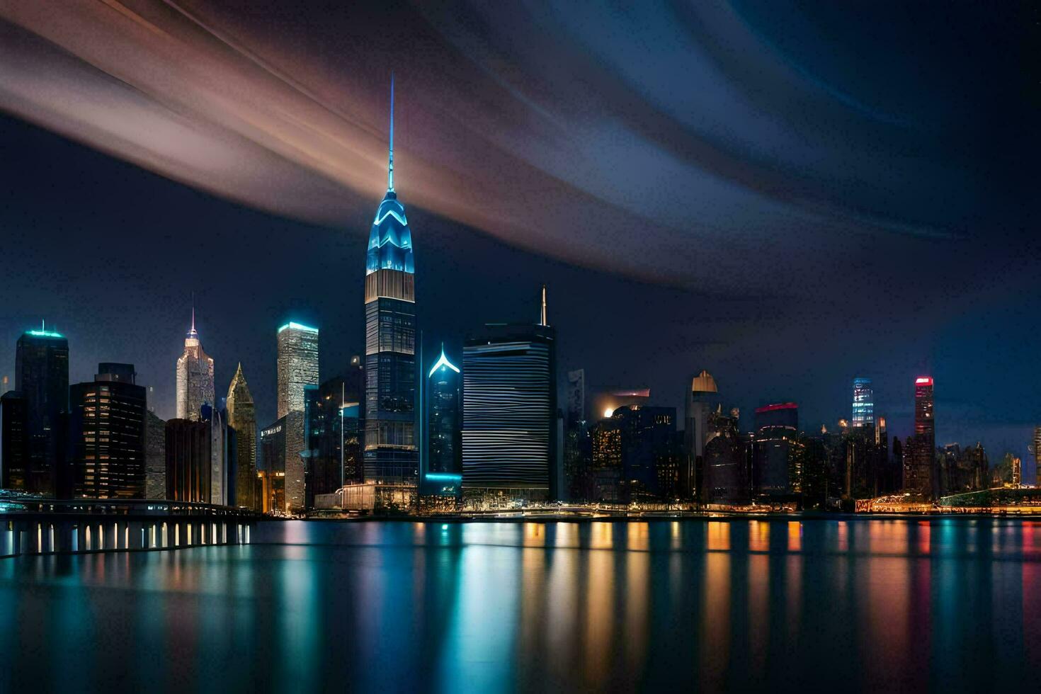 the city skyline at night with lights reflecting off the water. AI-Generated photo