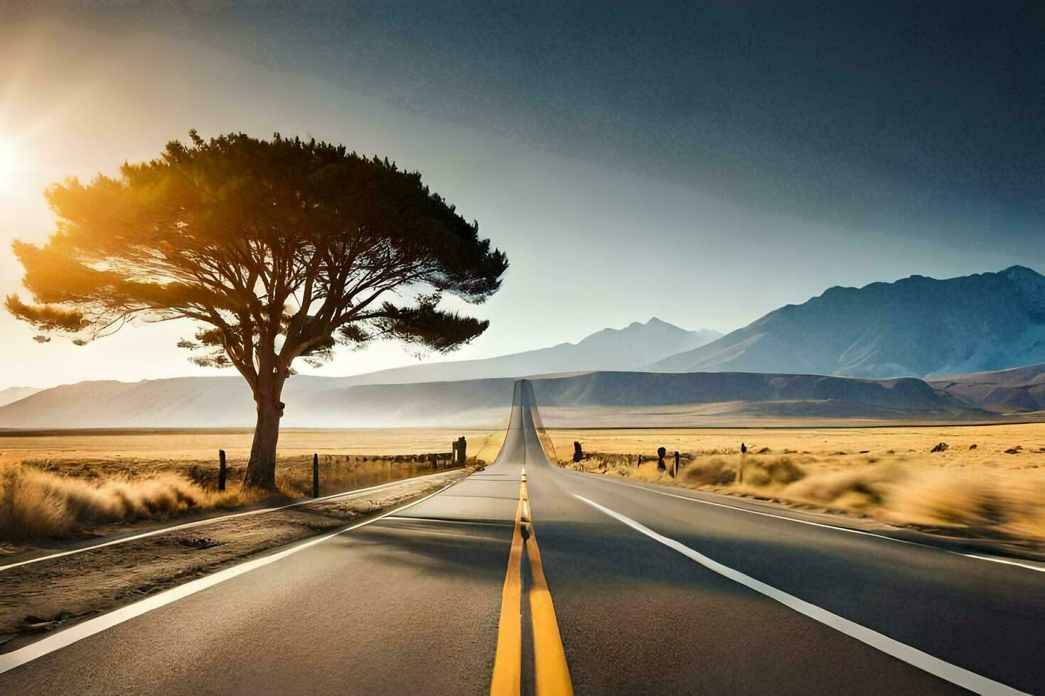 a long empty road with a lone tree in the middle. AI-Generated photo