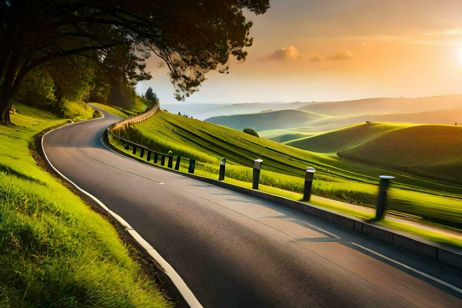 a winding road in the countryside with the sun setting. AI-Generated photo