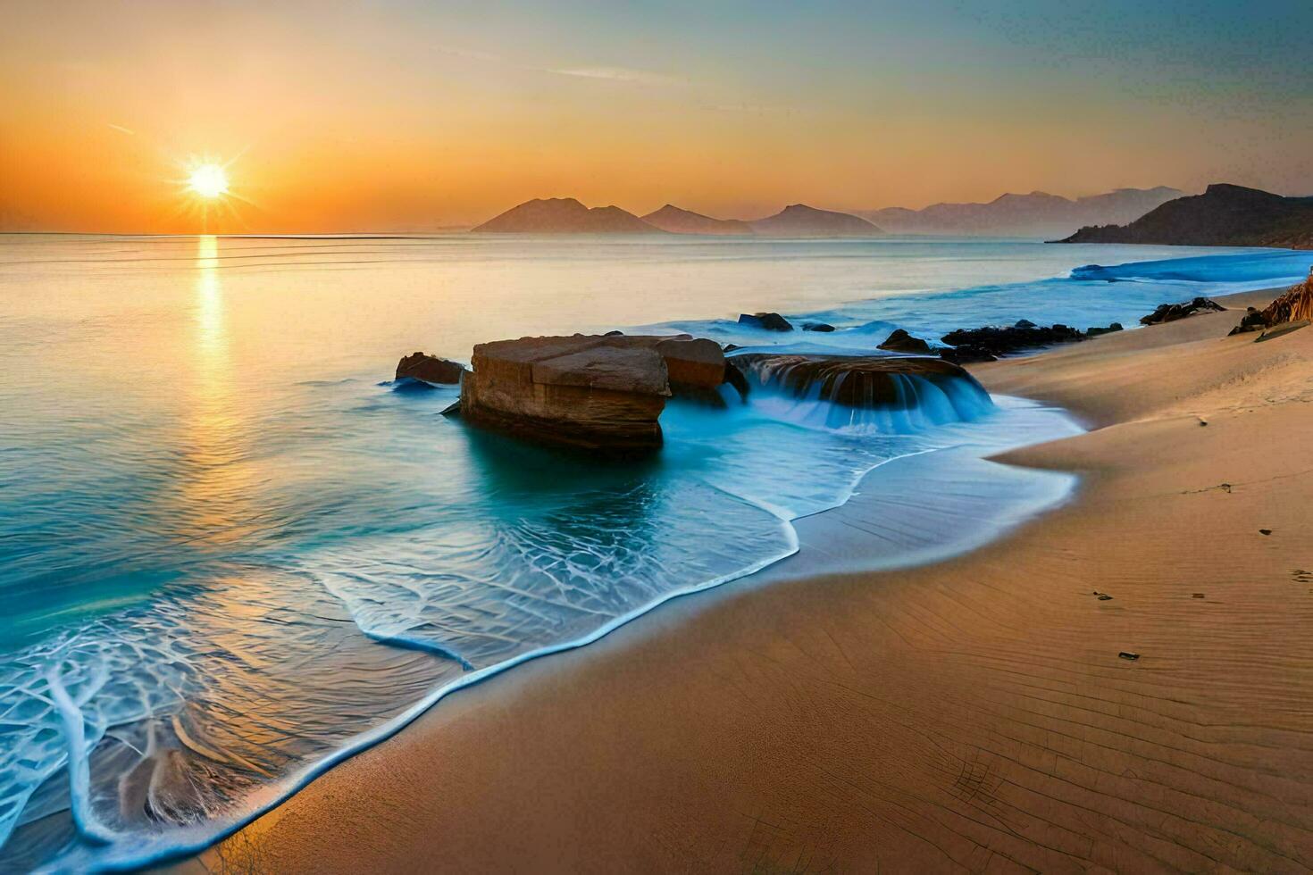 el Dom sube terminado el Oceano y olas choque dentro el arena. generado por ai foto