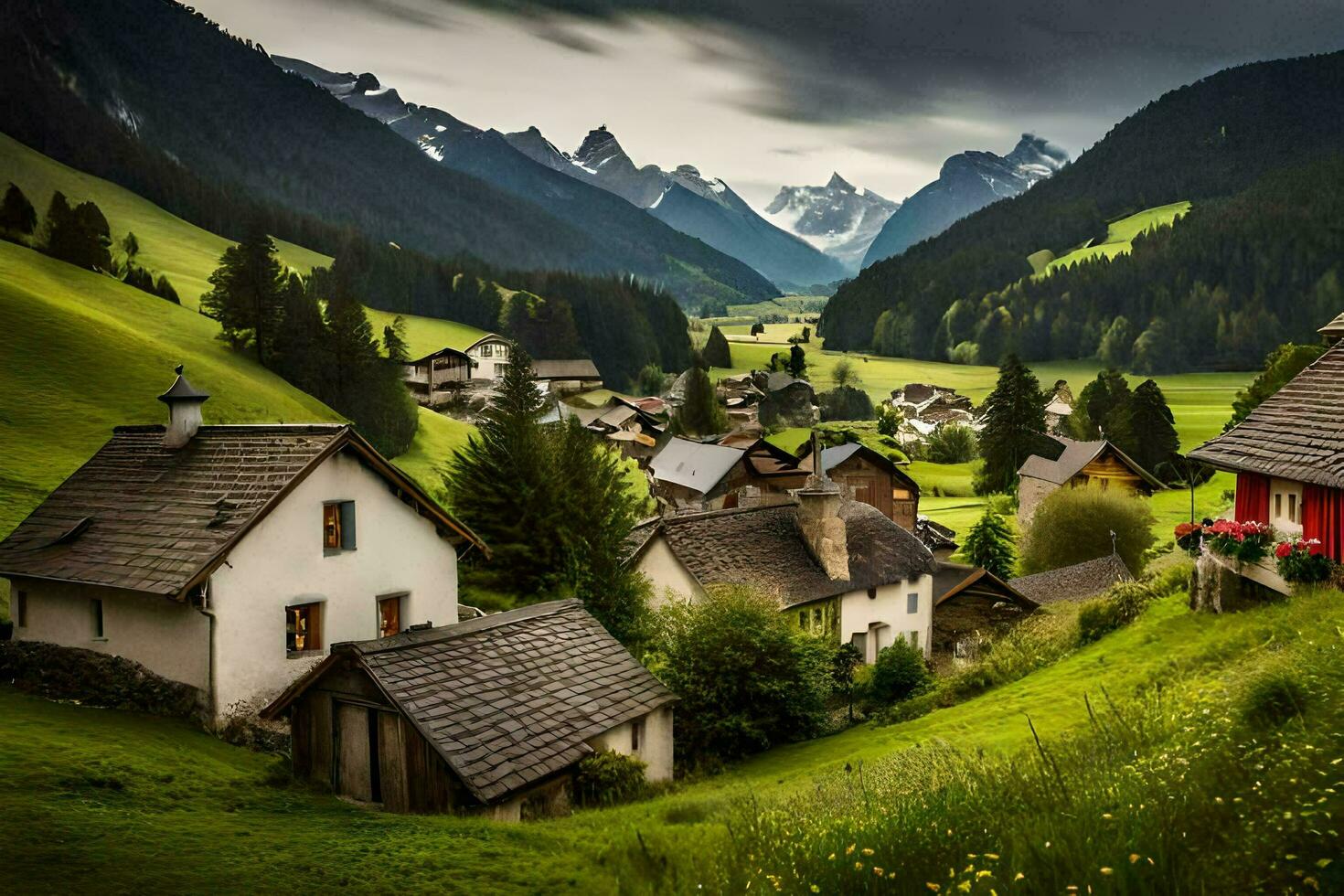 photo wallpaper the sky, mountains, house, village, green, mountains, house, village,. AI-Generated