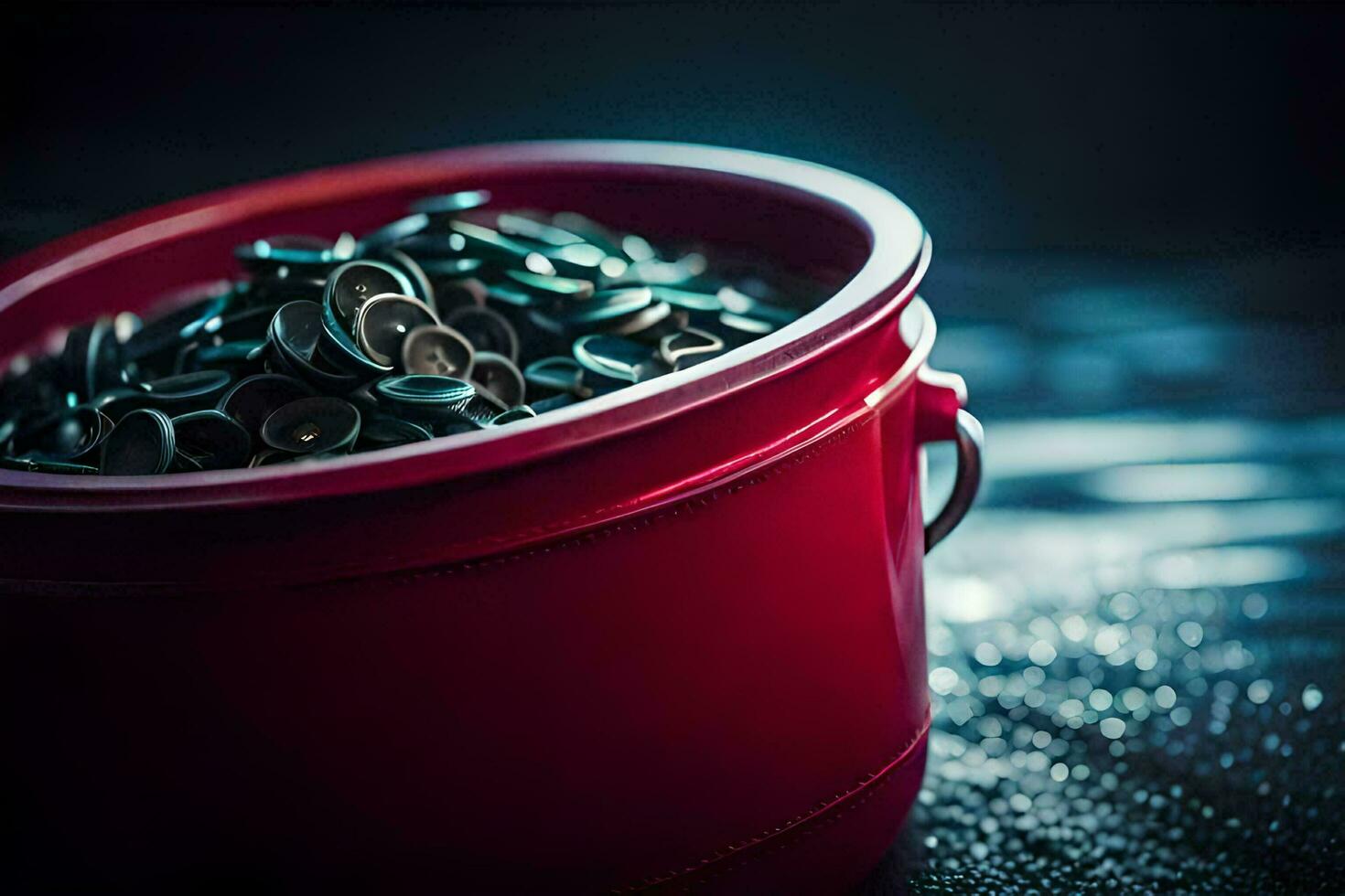 a bucket filled with metal screws on a wet surface. AI-Generated photo