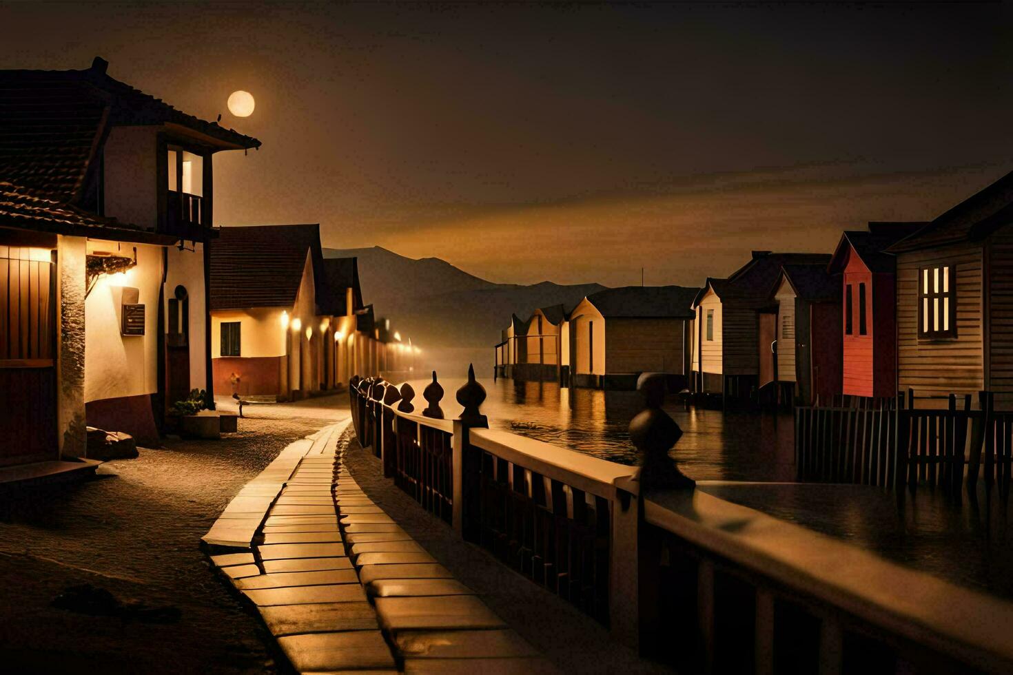 a long walk along the water with houses at night. AI-Generated photo