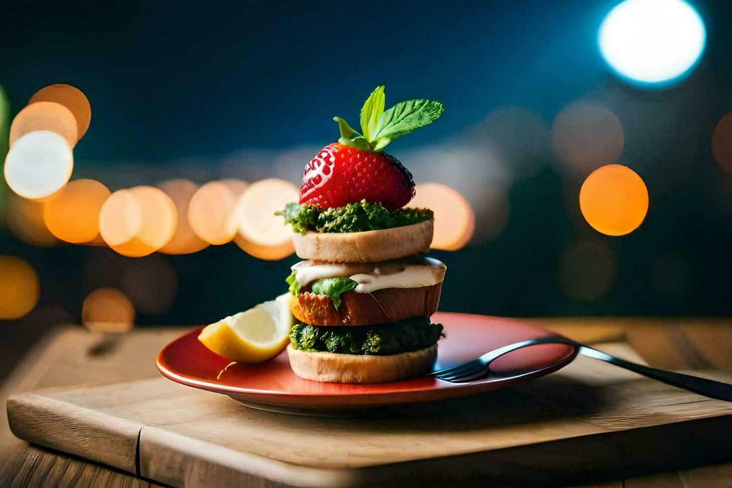 a stack of sandwiches with strawberries and mint on top. AI-Generated photo