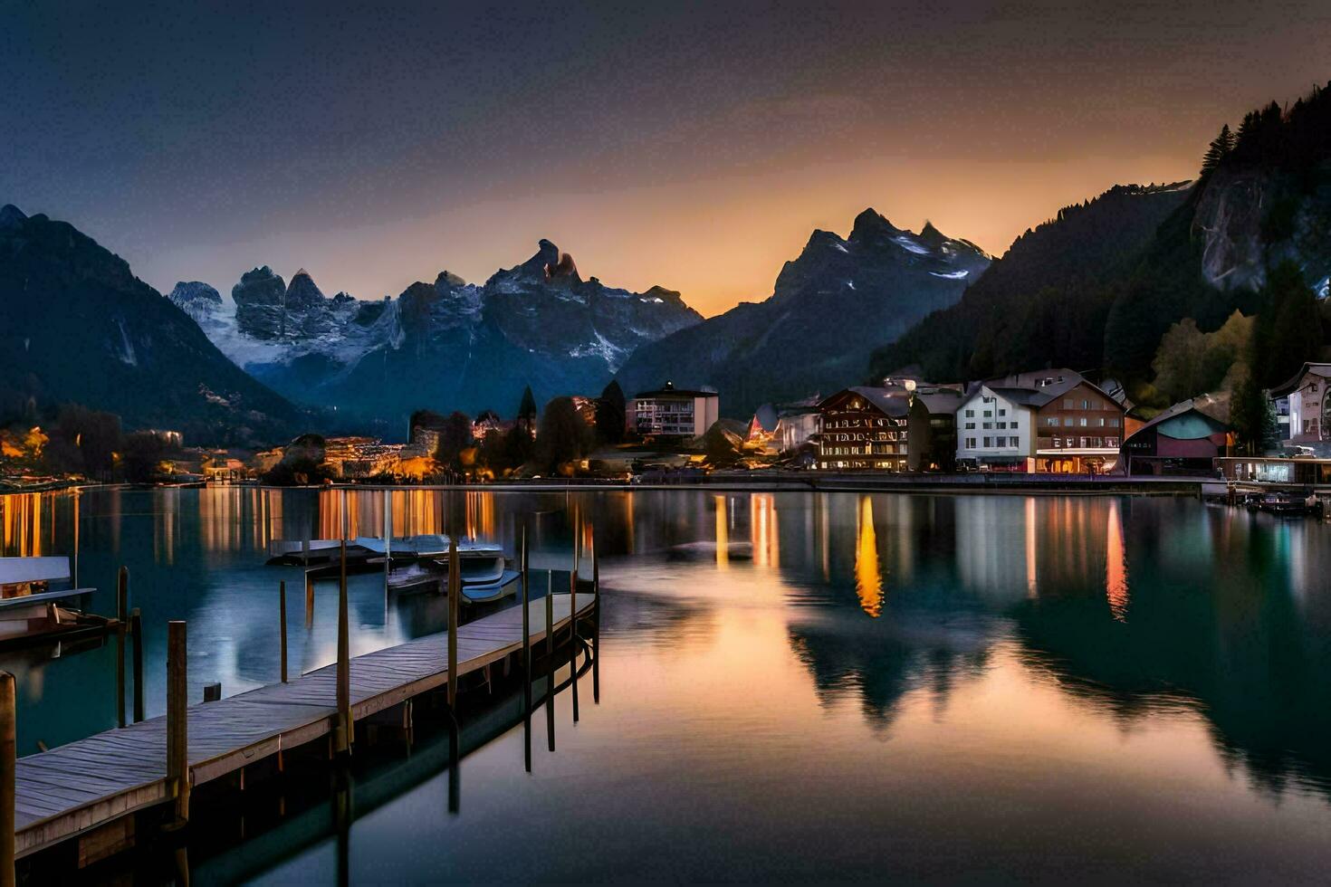 foto fondo de pantalla el cielo, montañas, lago, el ciudad, el lago, el ciudad, el. generado por ai