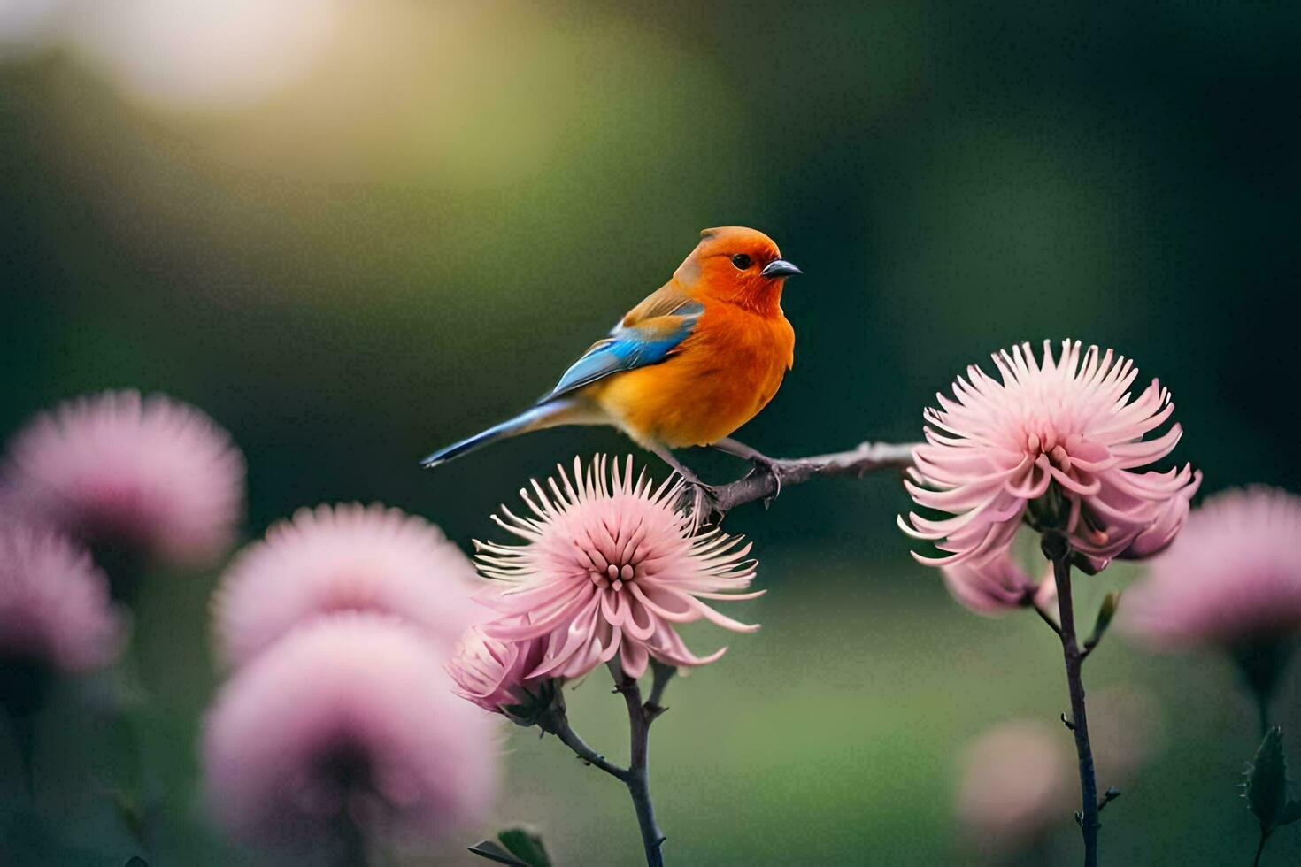 a colorful bird sits on a branch of pink flowers. AI-Generated photo