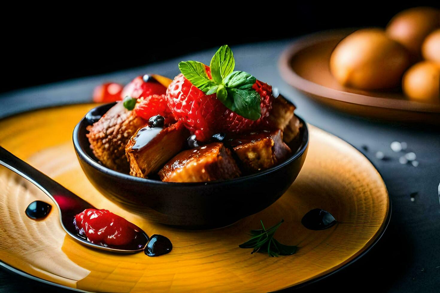 french toast with berries and strawberries in a bowl. AI-Generated photo