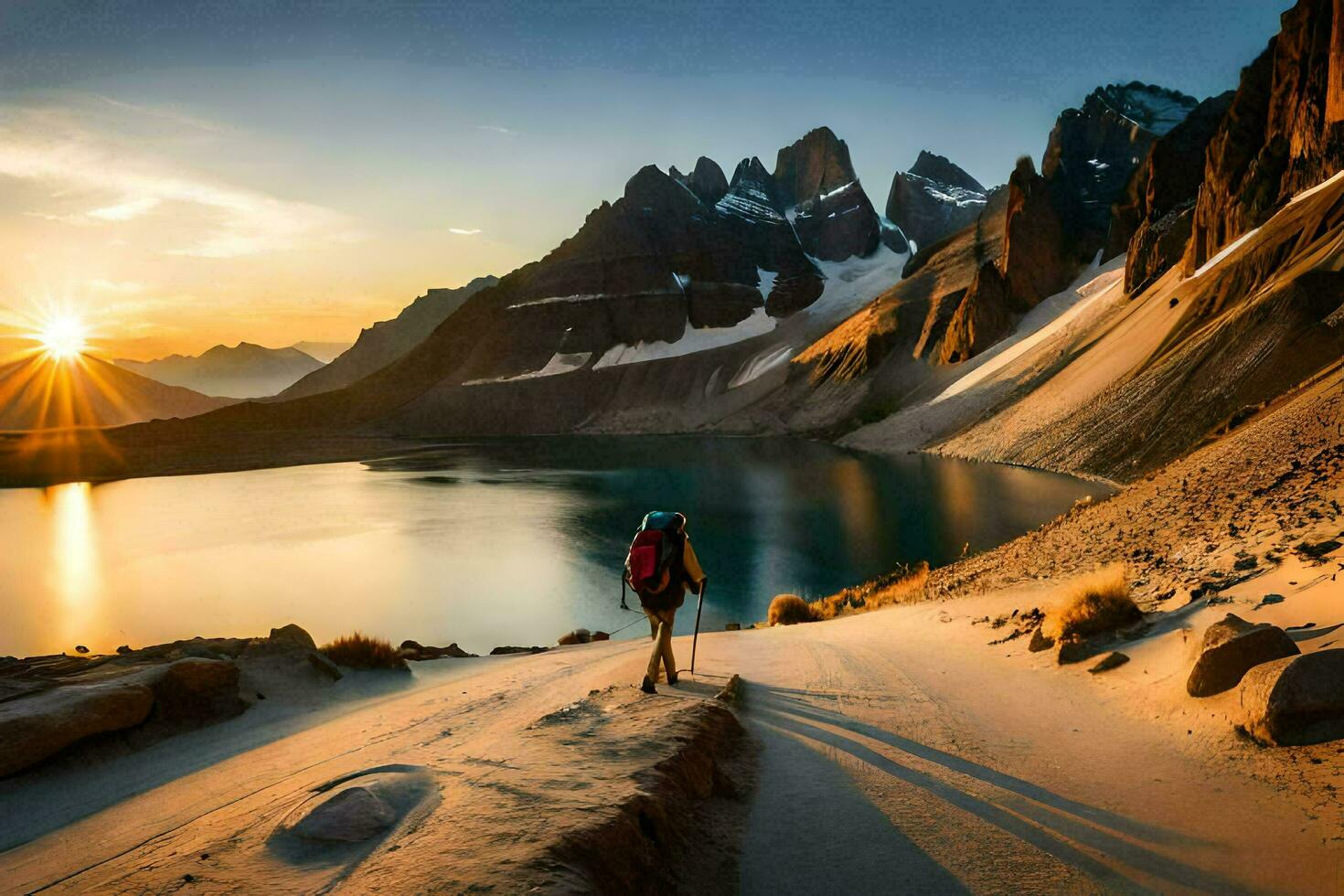 a person walking along a path in front of a mountain lake. AI-Generated photo