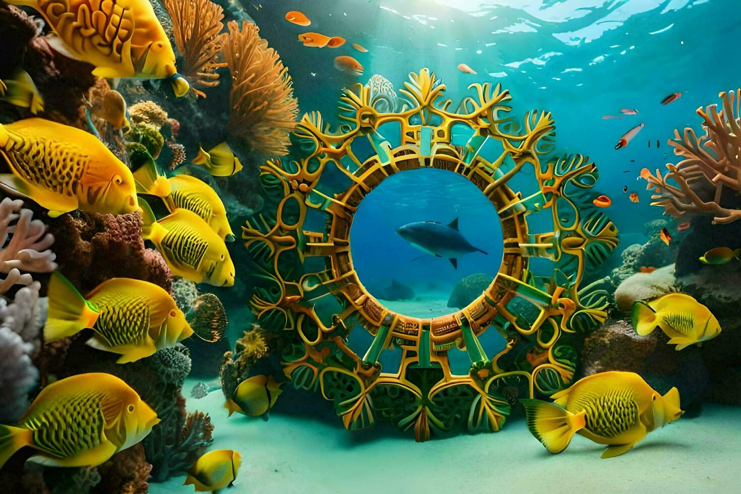 a circular mirror is surrounded by fish and coral. AI-Generated photo