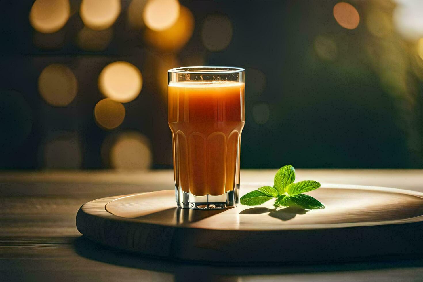 un vaso de naranja jugo en un de madera mesa. generado por ai foto