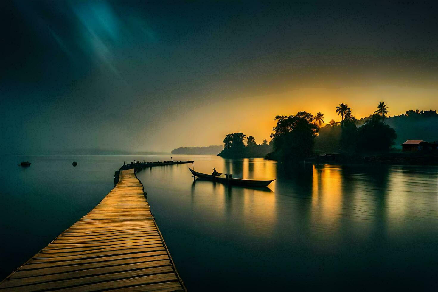 a wooden dock on the water at sunset. AI-Generated photo