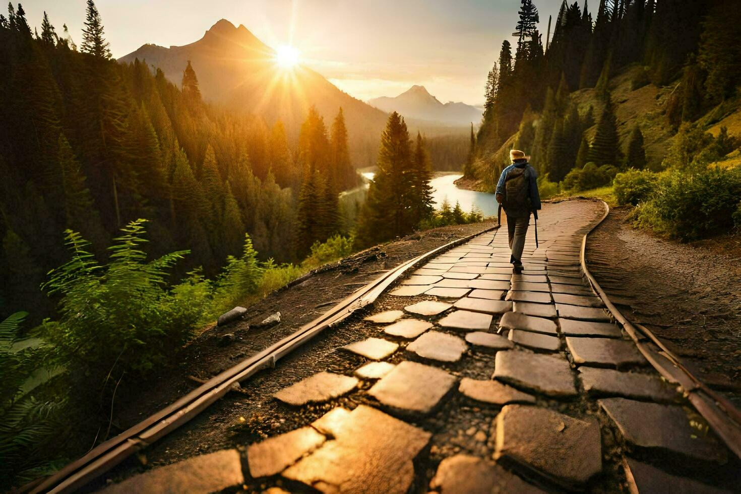 a person walking on a path in the mountains. AI-Generated photo
