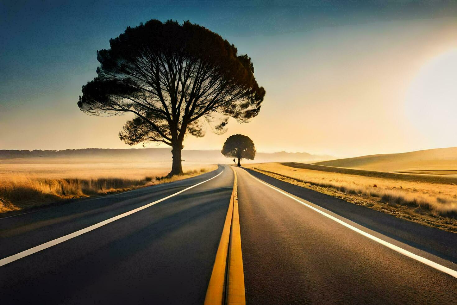 a long empty road with trees in the distance. AI-Generated photo