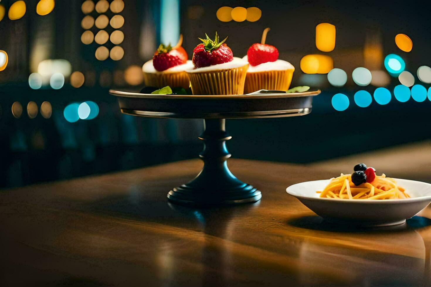 a plate of food and cupcakes on a table. AI-Generated photo