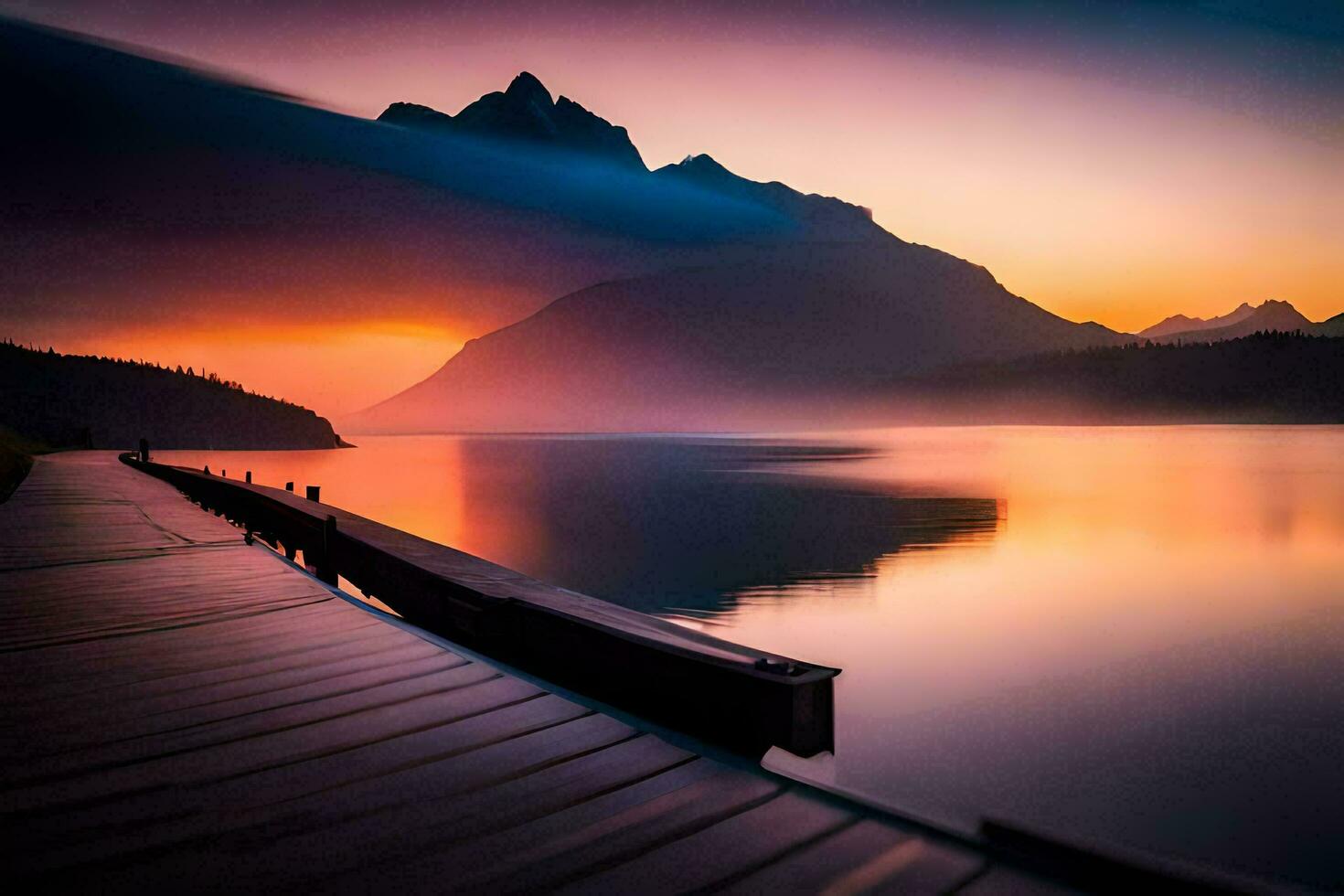 a wooden dock is in front of a mountain at sunset. AI-Generated photo
