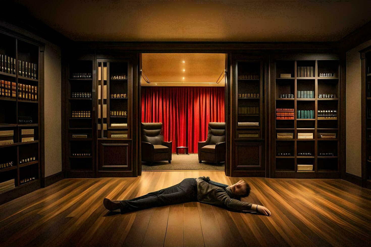 a man laying on the floor in a library. AI-Generated photo