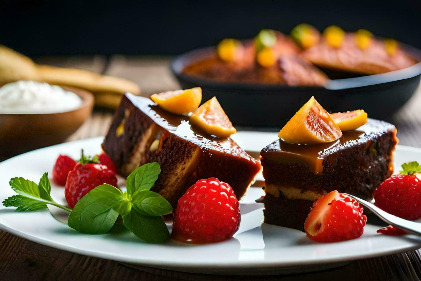 two slices of cake with strawberries and whipped cream. AI-Generated photo