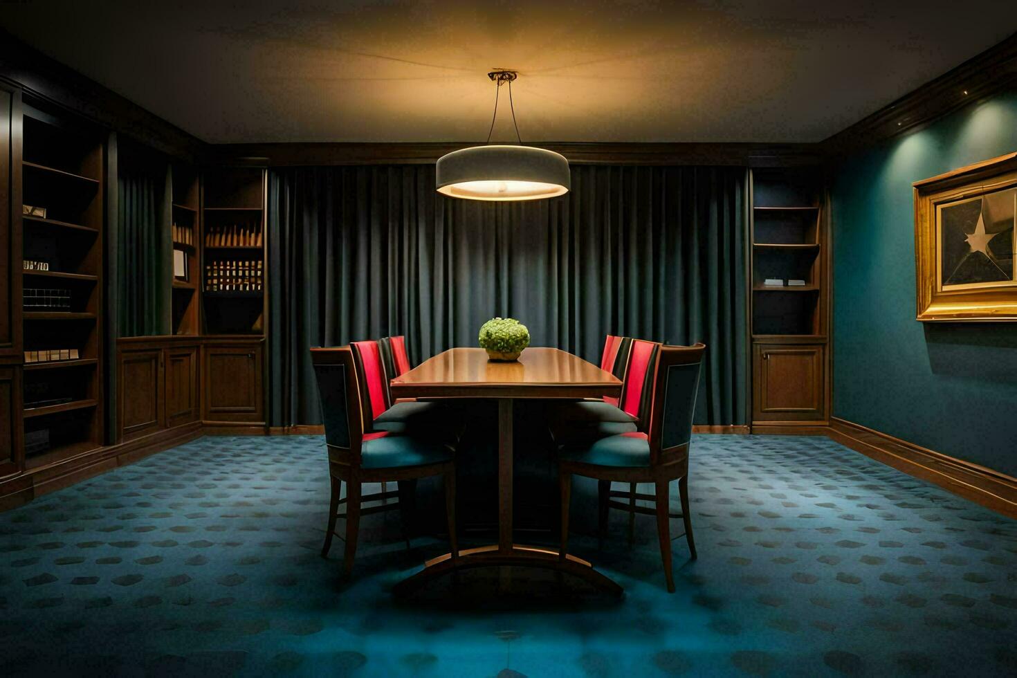 a dining room with blue walls and a wooden table. AI-Generated photo