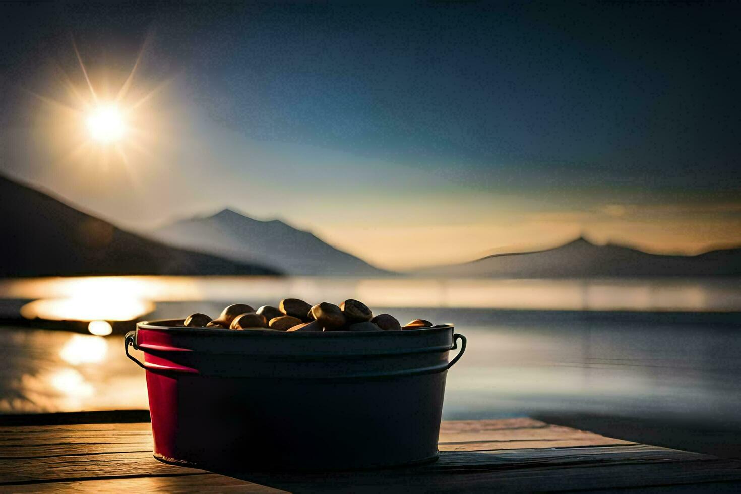 a bucket of nuts on a wooden table in front of a lake. AI-Generated photo