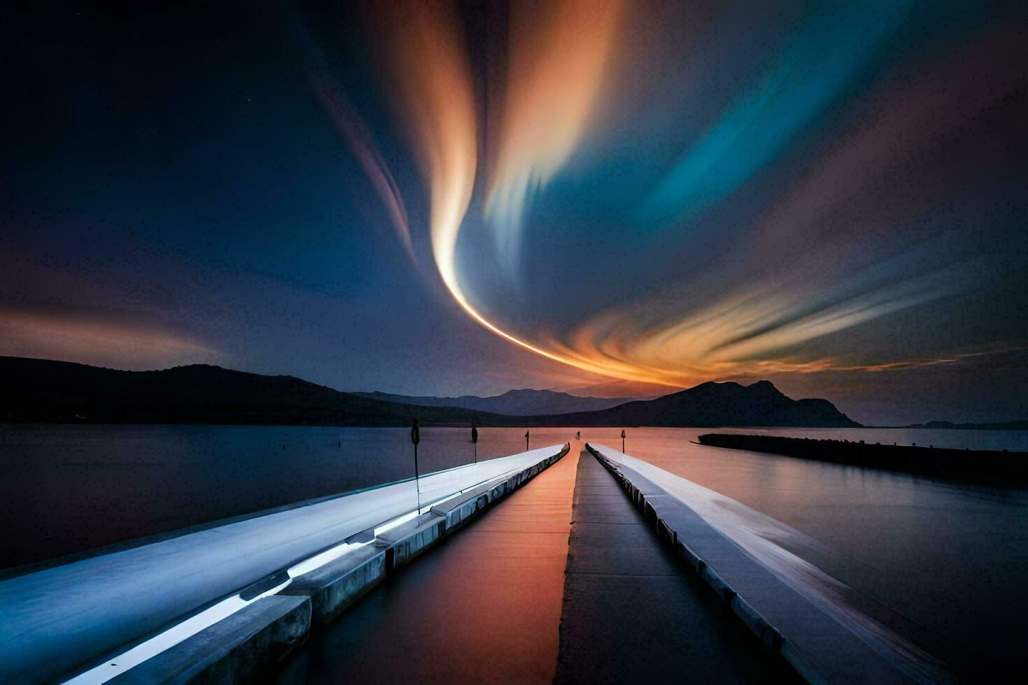 a long exposure photo of a long line of lights on the water. AI-Generated