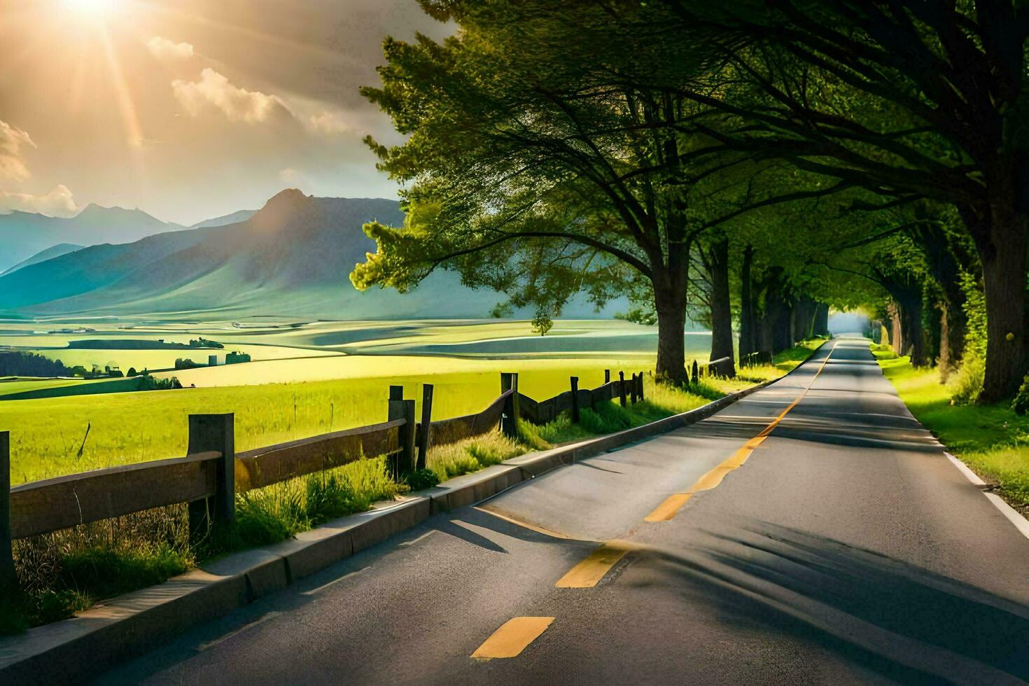 a country road with trees and grass. AI-Generated photo