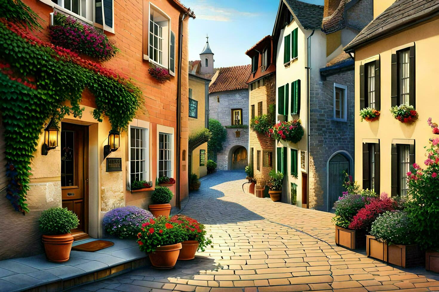 an artistic painting of a street in a european city. AI-Generated photo
