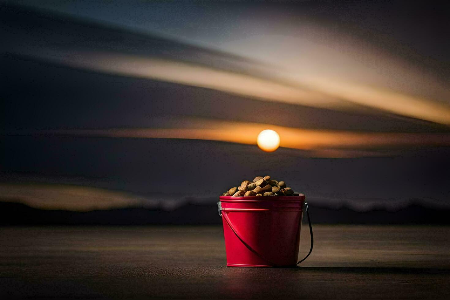 a red bucket filled with peanuts sits on a table in front of a sunset. AI-Generated photo