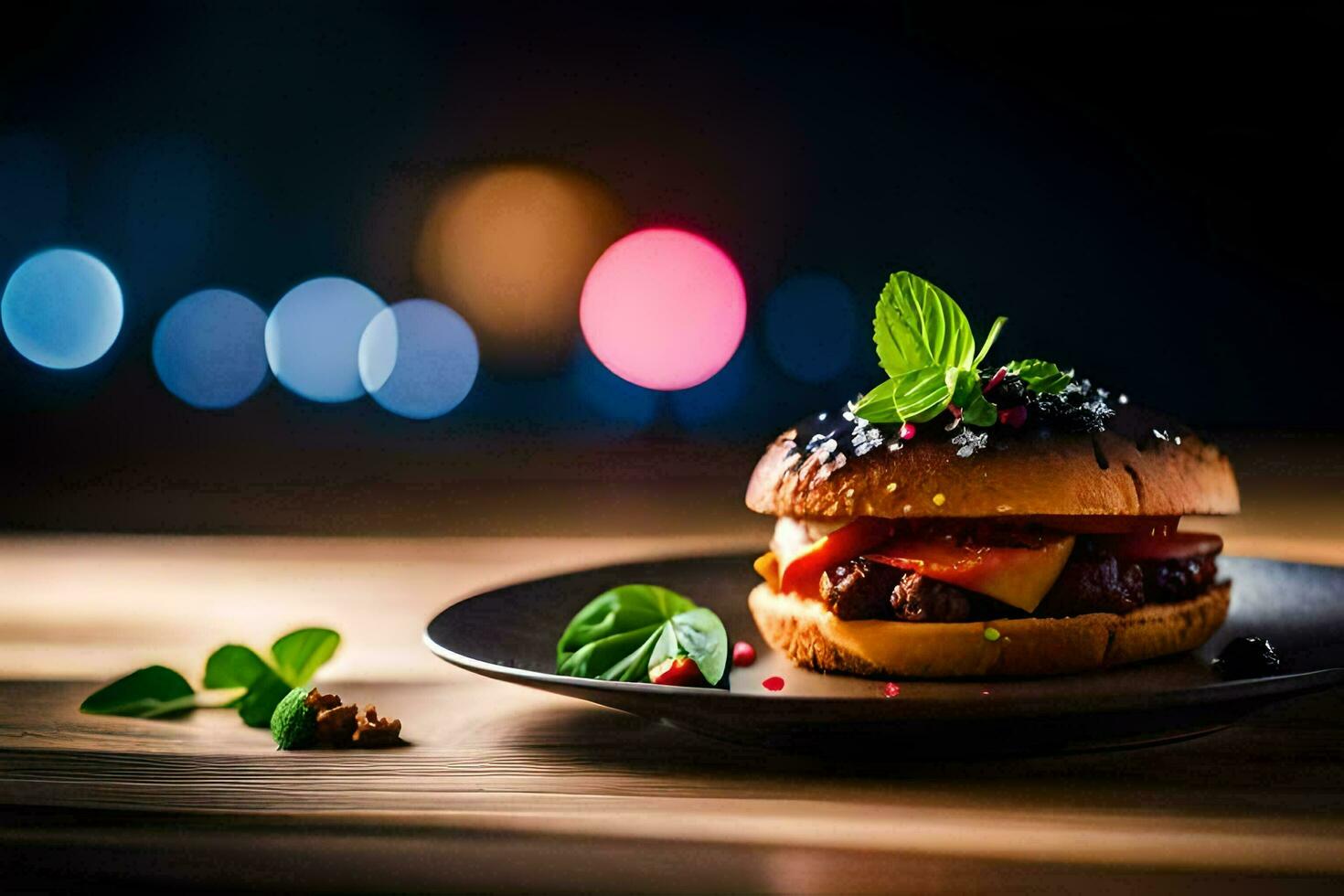 a hamburger on a plate with a light background. AI-Generated photo