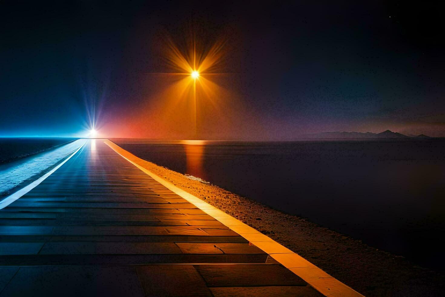 a long road leading to the ocean at night. AI-Generated photo