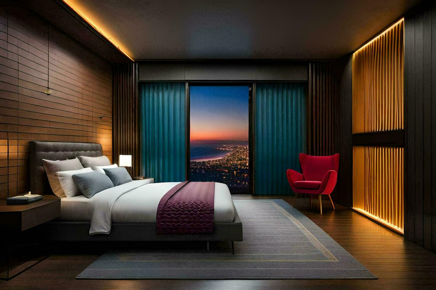 a modern bedroom with a view of the city. AI-Generated photo