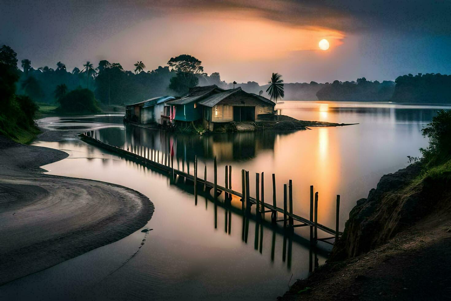the sun sets over a small village on the shore of a river. AI-Generated photo