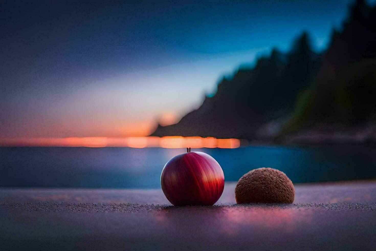 two apples sit on the beach at sunset. AI-Generated photo