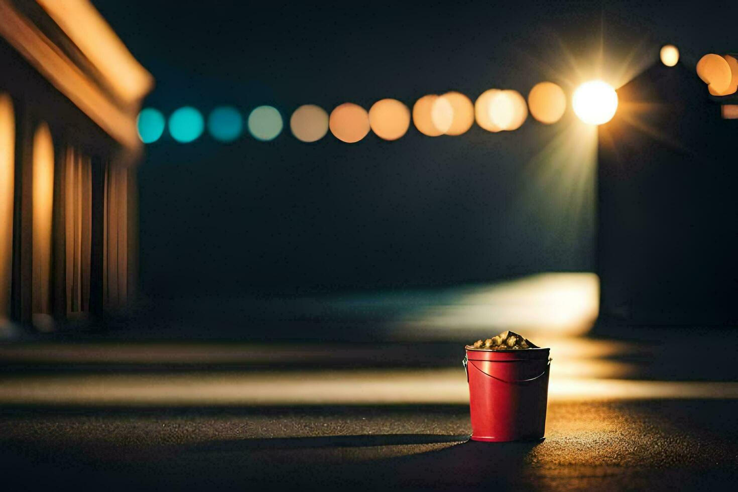 a red bucket sitting on the ground at night. AI-Generated photo