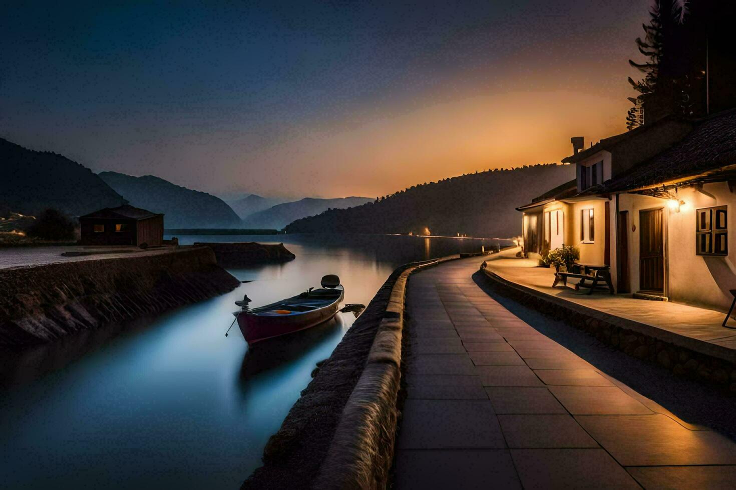 a boat sits on the side of a river at night. AI-Generated photo