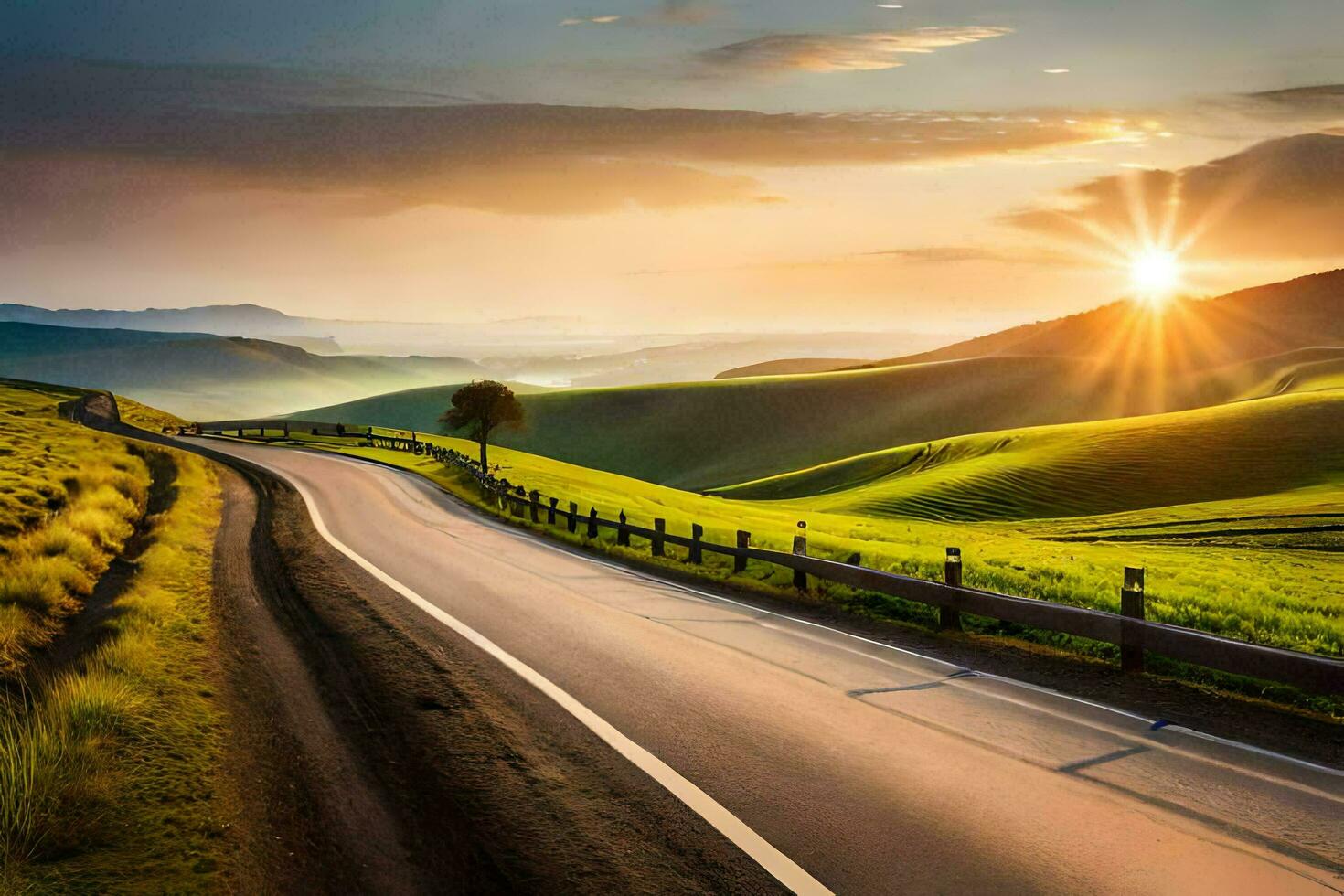the sun is setting over a road in the countryside. AI-Generated photo