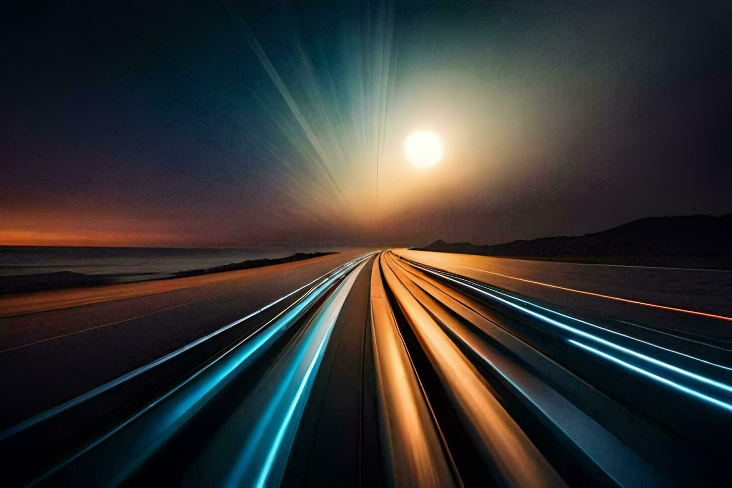 a long exposure photograph of a road at night. AI-Generated photo