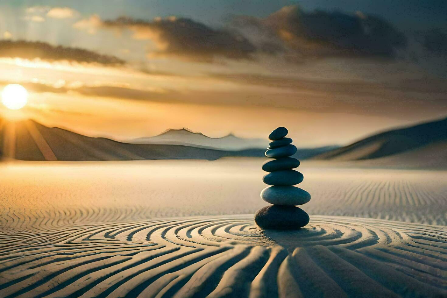 a stack of stones in the sand at sunset. AI-Generated photo