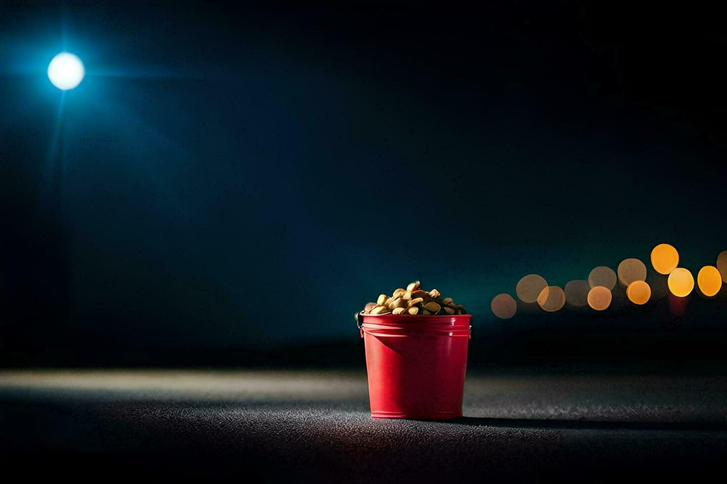 a red bucket with peanuts sitting on the road at night. AI-Generated photo