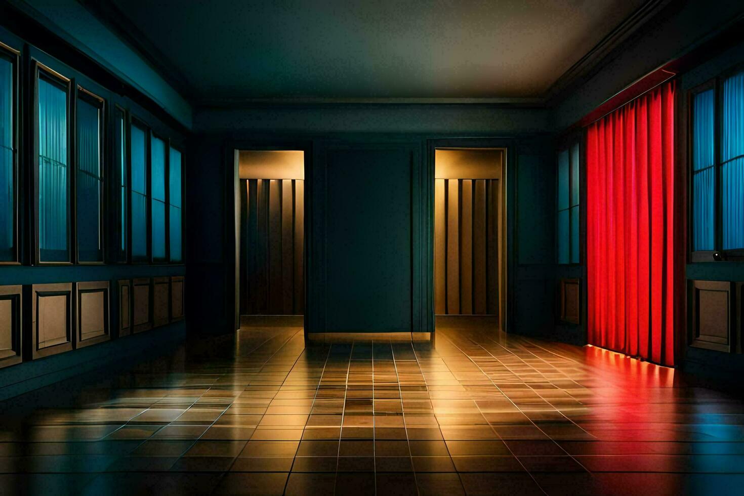 a hallway with red curtains and blue walls. AI-Generated photo