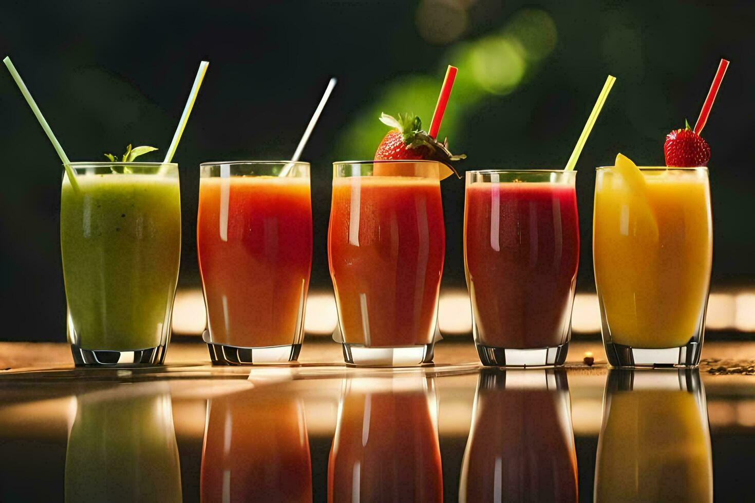 a row of different colored smoothies. AI-Generated photo