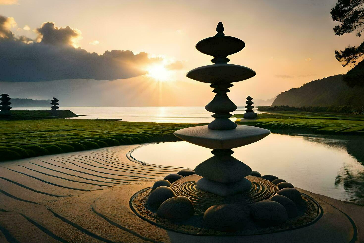 a stone fountain in the middle of a lake at sunset. AI-Generated photo