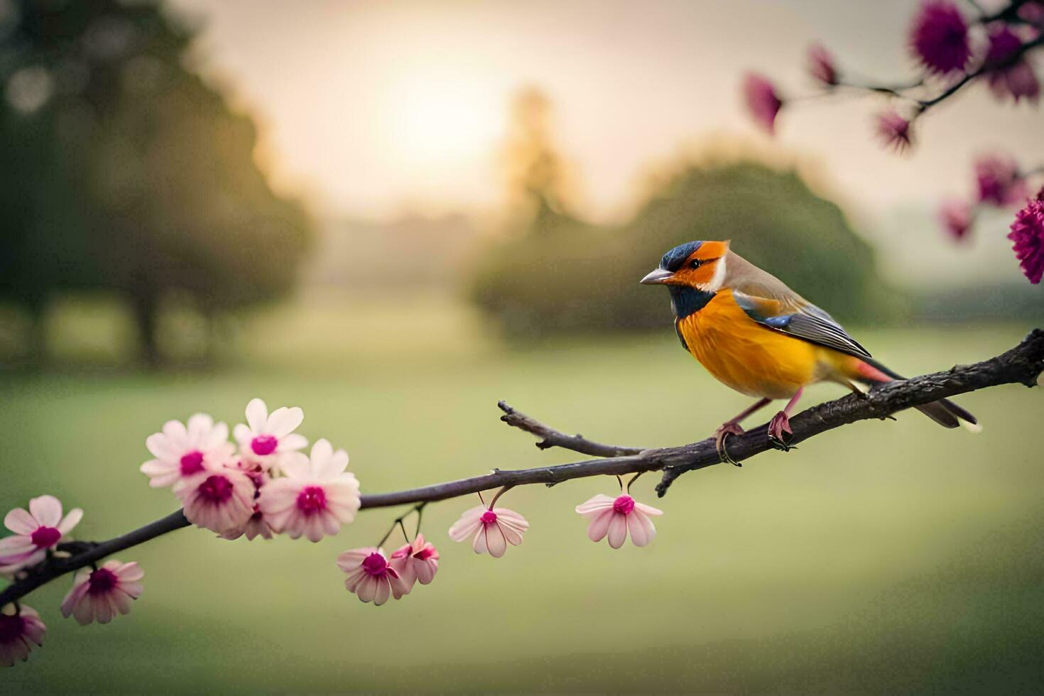 photo wallpaper the sun, bird, spring, flowers, the field, the field, the field. AI-Generated