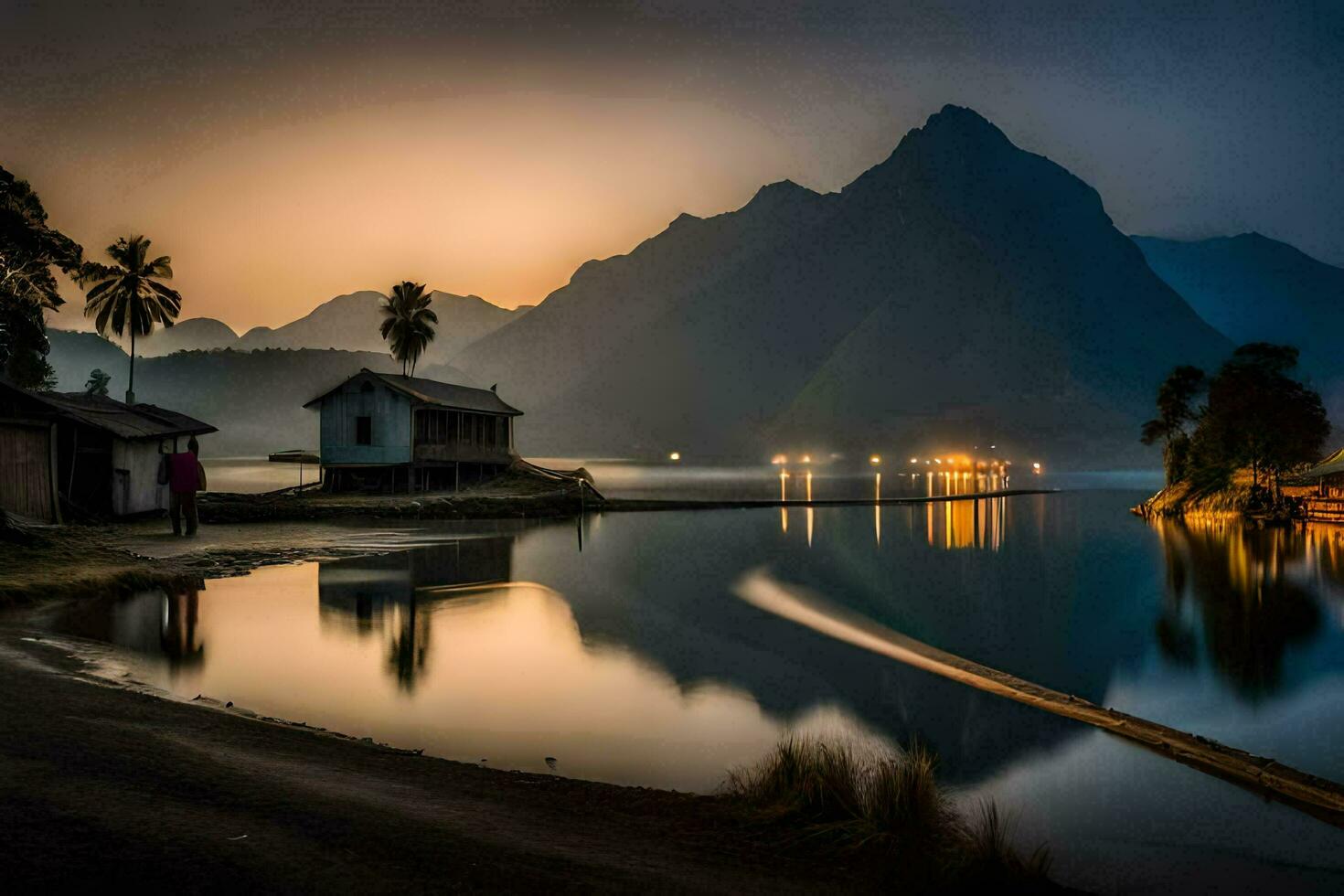 a lake and mountain at dusk with a house and a boat. AI-Generated photo