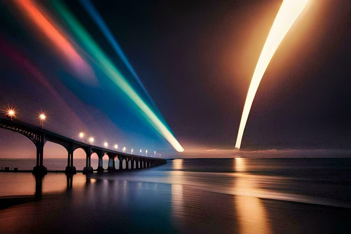 a bridge with a rainbow light trail over the ocean. AI-Generated photo