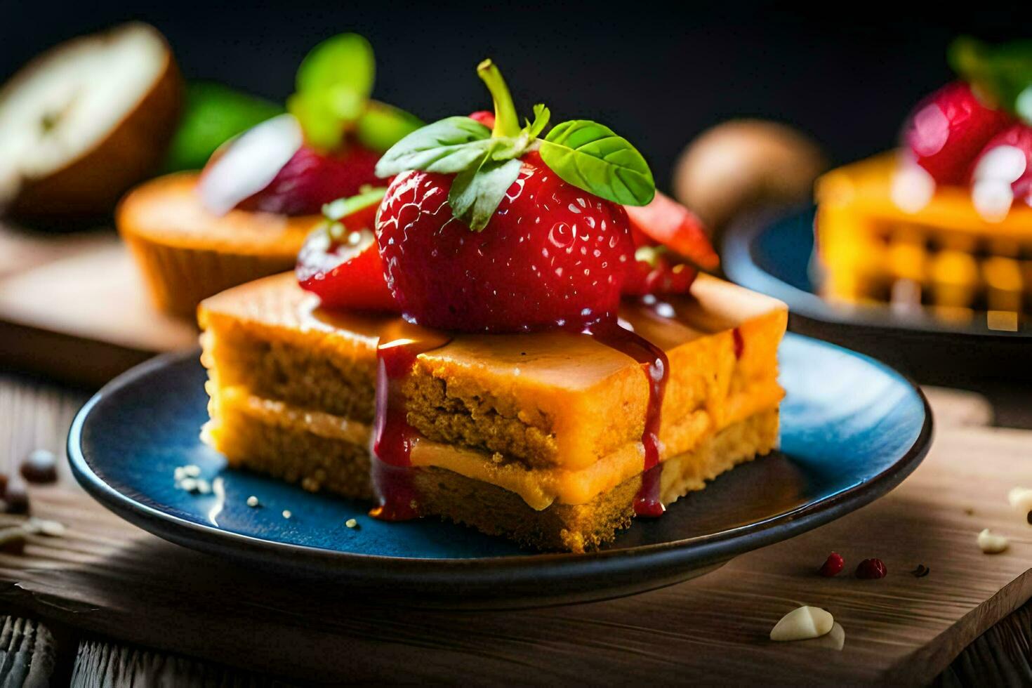 a piece of cake with strawberries and syrup. AI-Generated photo