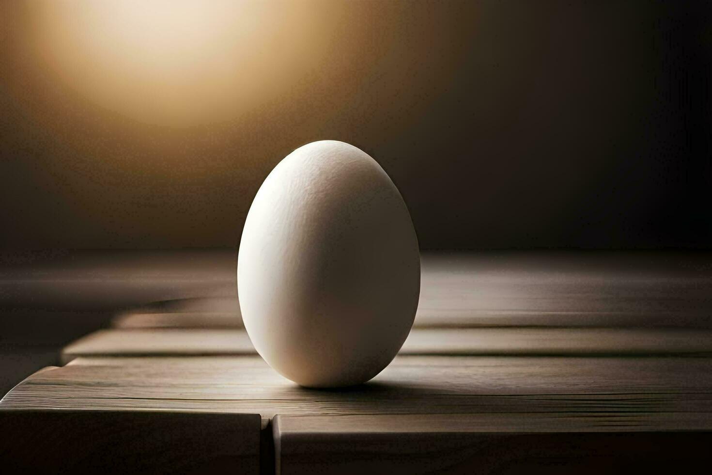 un huevo sentado en un de madera mesa con un brillante ligero detrás él. generado por ai foto