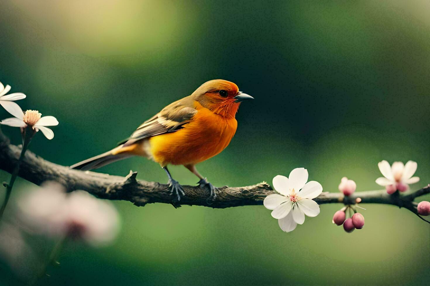 a small orange bird is sitting on a branch with flowers. AI-Generated photo