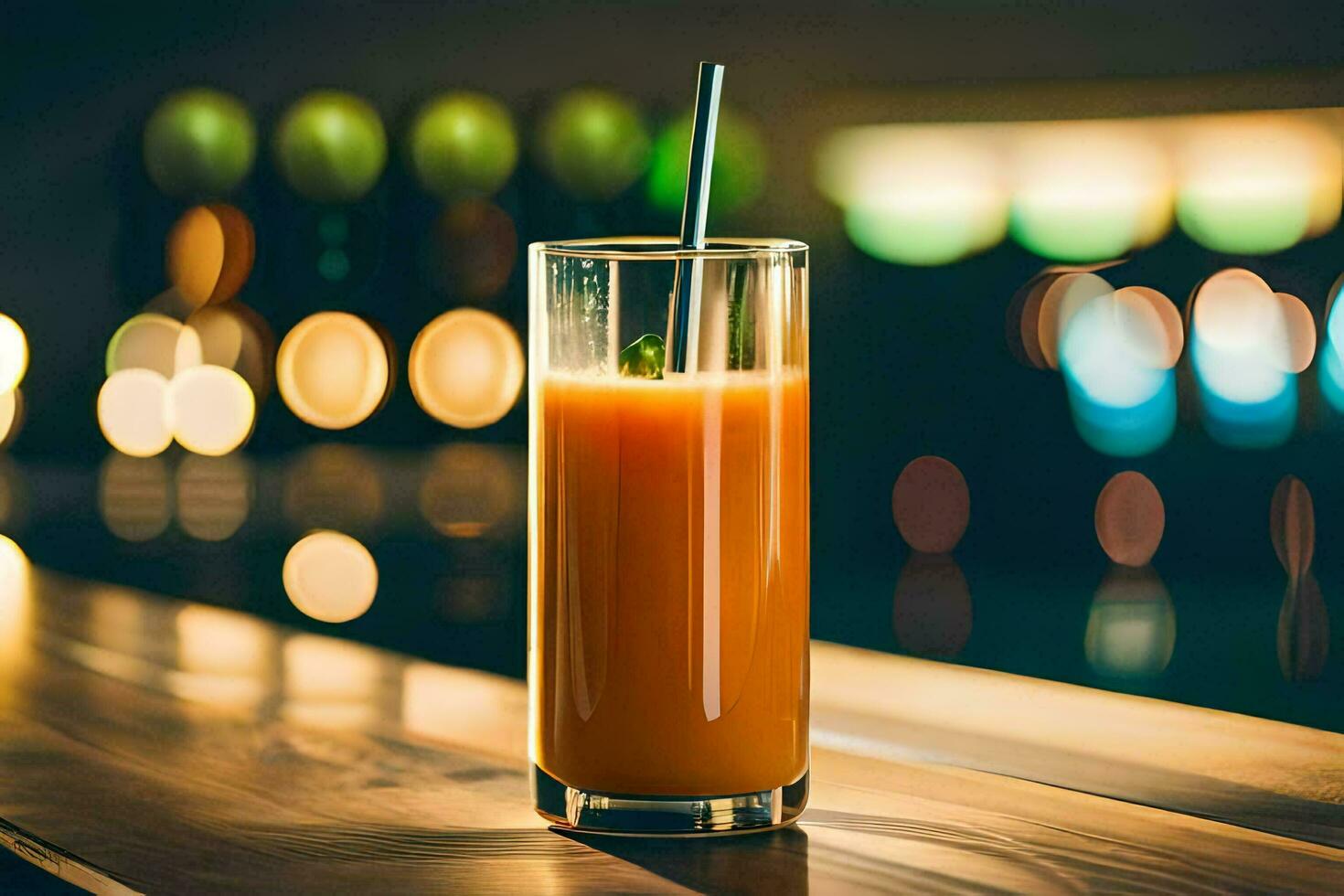 a glass of orange juice sitting on a wooden table. AI-Generated photo