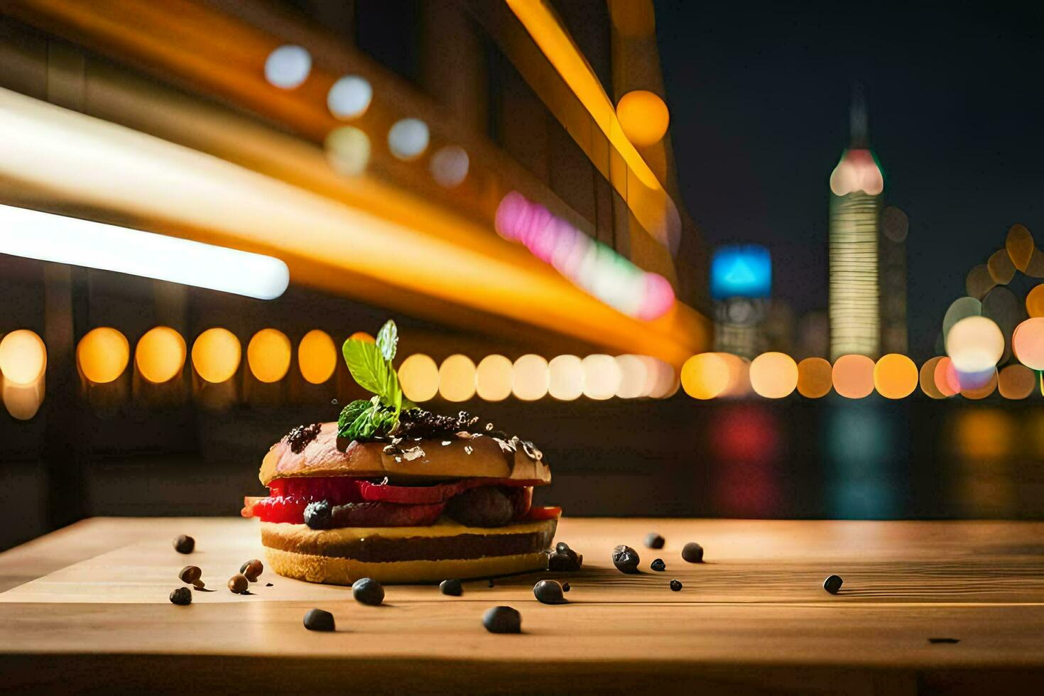 a hamburger with chocolate and berries on top of a wooden table. AI-Generated photo