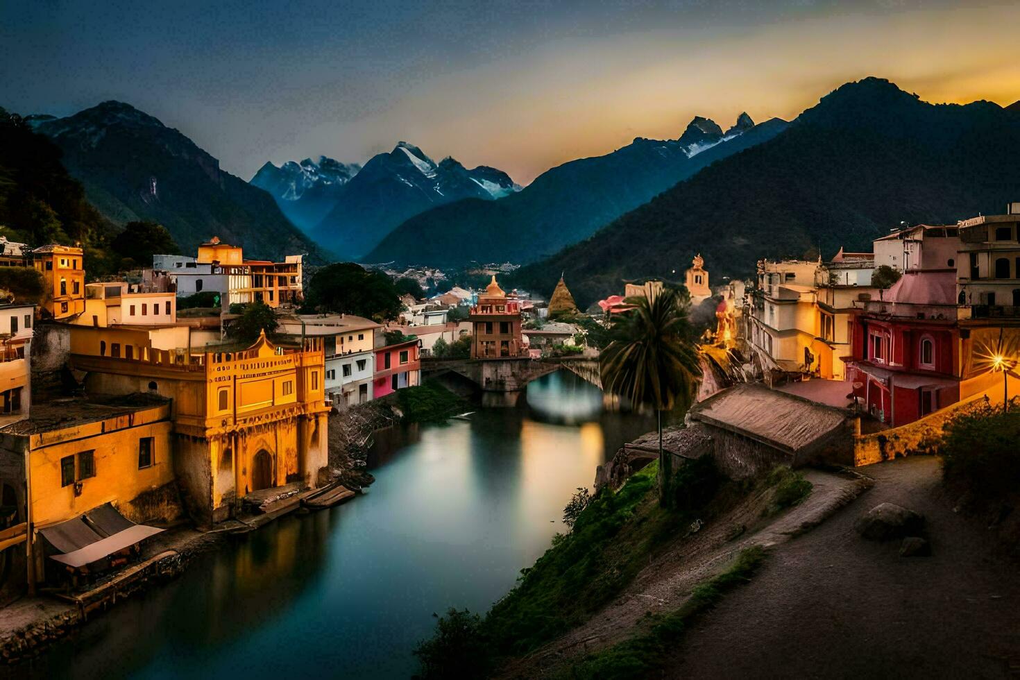 photo wallpaper the sky, mountains, river, city, sunset, india, the city,. AI-Generated